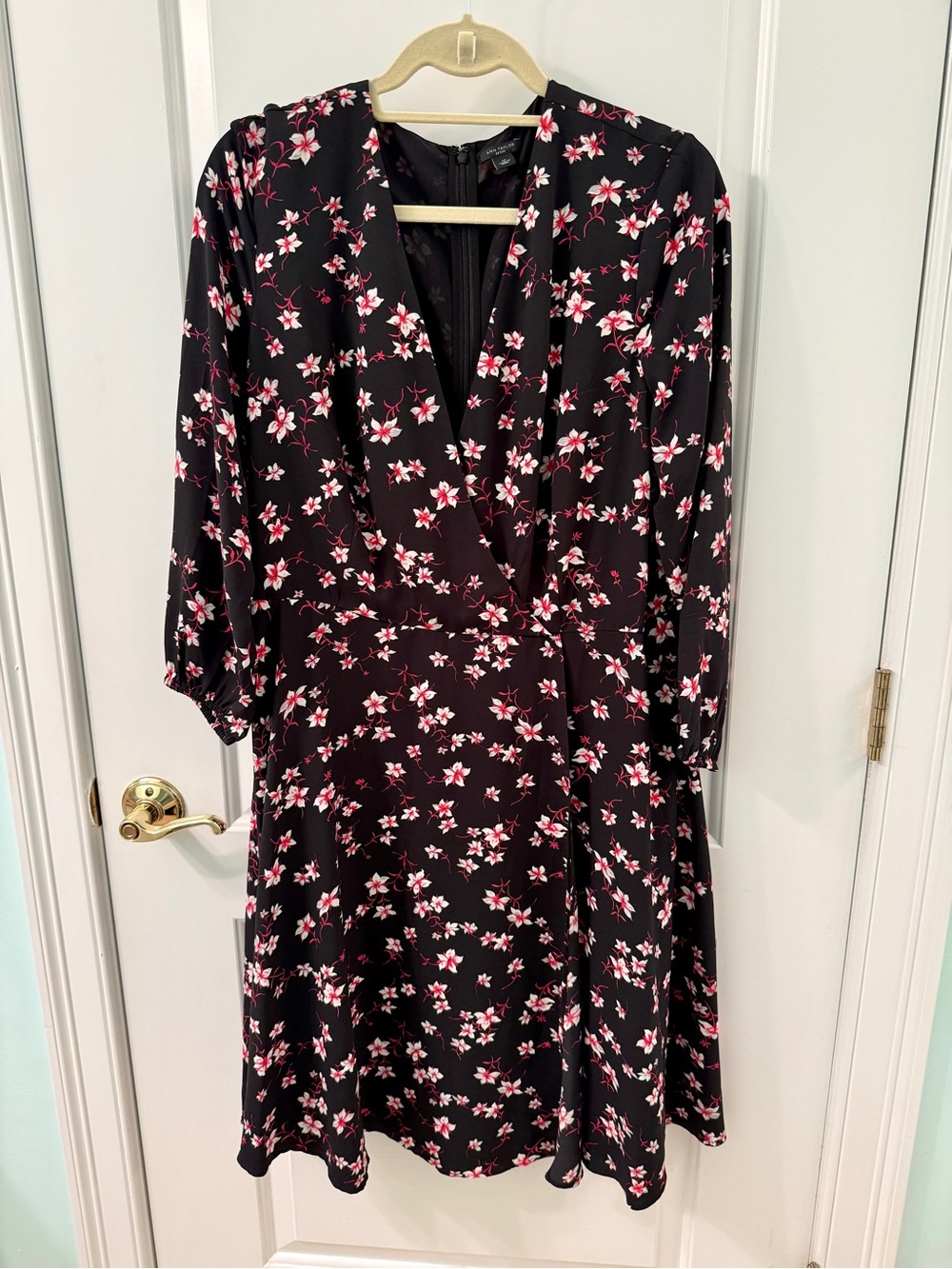 Ann Taylor Black Floral Wrap Dress with Pink Accents